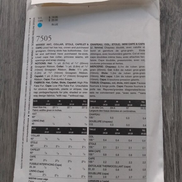 Vintage Vogue Winter Hat Sewing Pattern Collar, Stole, Capelet, Cape UNCUT 7505 - Picture 5 of 10